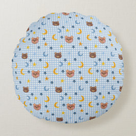 ブルーのギンガムにキュートなテディベアと月模様 ラウンドクッション