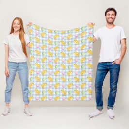 ブルーのギンガムチェック柄に水彩画のひよこ+卵 フリースブランケット