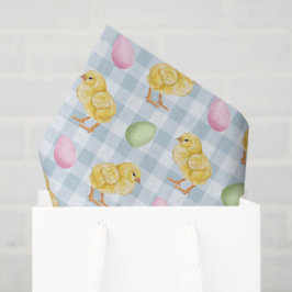 ブルーのギンガムチェック柄に水彩画のひよこ+卵 薄葉紙