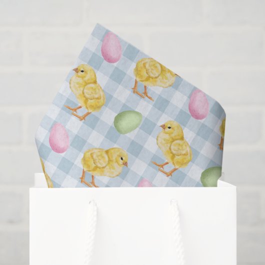 ブルーのギンガムチェック柄に水彩画のひよこ+卵 薄葉紙 (ギフトバッグ)