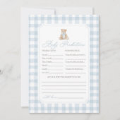 ブルーのギンガムテディベアのベビーシャワー予測 招待状 (正面)