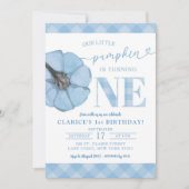 ブルーのギンガムプリッピー パンプキンボーイ 1歳の誕生日 招待状 (正面)