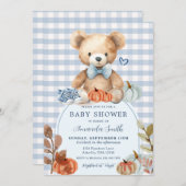 ブルーのギンガムベアのパンプキンシューズのベビーシャワー 招待状 (正面/裏面)