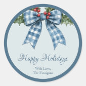 ブルーのギンガムボウ ハッピー ホリデー ギフト ステッカー (正面)