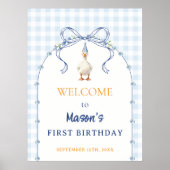 ブルーのギンガム模様の子ガモの男の子の1歳の誕生日おめでとう ポスター (正面)