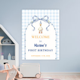 ブルーのギンガム模様の子ガモの男の子の1歳の誕生日おめでとう ポスター
