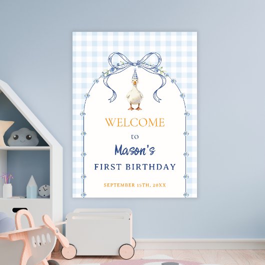 ブルーのギンガム模様の子ガモの男の子の1歳の誕生日おめでとう ポスター