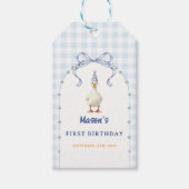 ブルーのギンガム フラワーアーチの男の子の1歳の誕生日 ギフトタグ (正面)