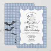 ブルーのギンガム プレッピー ゴースト  Hey Boo バースデー 招待状 (正面/裏面)