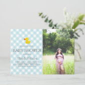 ブルーのギンガム ラバーダッキー ベビーシャワー フォト 招待状 (スタンド正面)
