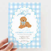 ブルーのギンガム ワン ゴールデン イヤー 1歳の誕生日 子犬 招待状