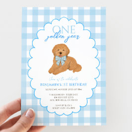 ブルーのギンガム ワン ゴールデン イヤー 1歳の誕生日 子犬 招待状