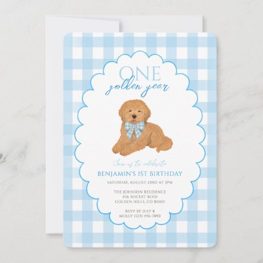 ブルーのギンガム ワン ゴールデン イヤー 1歳の誕生日 子犬 招待状 (正面)