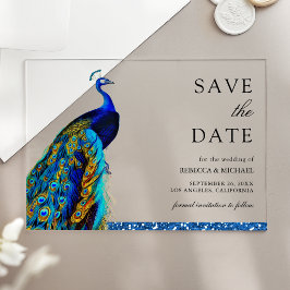 ブルーのクジャクのインドの結婚式のSave the Date アクリル招待状