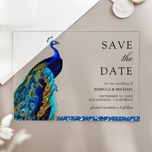 ブルーのクジャクのインドの結婚式のSave the Date アクリル招待状