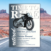 ブルーのクラシックバイクで爽快に走り出す退職パーティー
