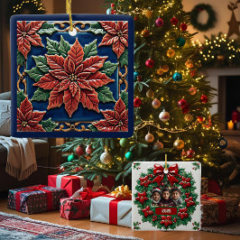 ブルーのクリスマスのポインセチア オーダーメイド可能 セラミックオーナメント