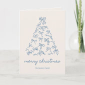 ブルーのクリスマスツリーの落書きリボン折りたたみカード 名前入り シーズンカード (正面)