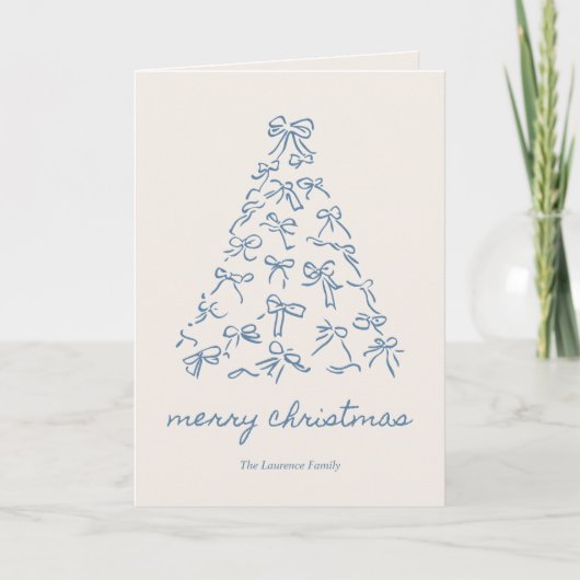 ブルーのクリスマスツリーの落書きリボン折りたたみカード 名前入り シーズンカード (正面)