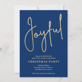 ブルーのクリスマスパーティーに輝くゴールド箔押し「JOYFUL」 招待状