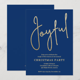 ブルーのクリスマスパーティーに輝くゴールド箔押し「JOYFUL」 招待状