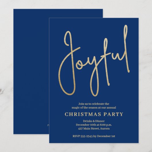 ブルーのクリスマスパーティーに輝くゴールド箔押し「JOYFUL」 招待状 (正面/裏面)