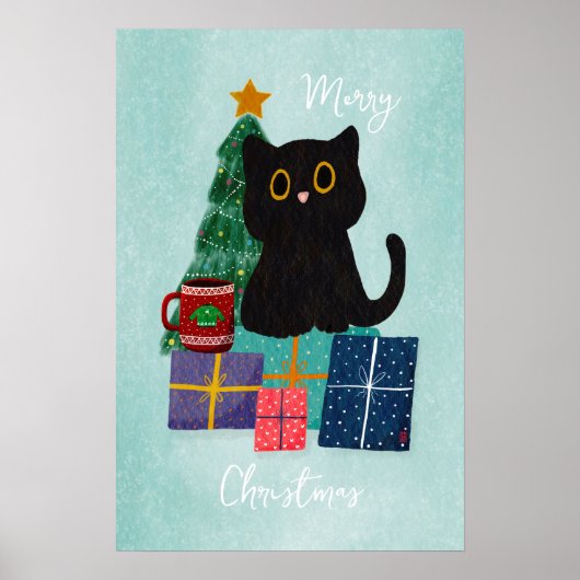 ブルーのクリスマス かわいい猫のコーヒー ウォールアート (正面)
