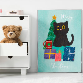 ブルーのクリスマス かわいい猫のコーヒー ウォールアート