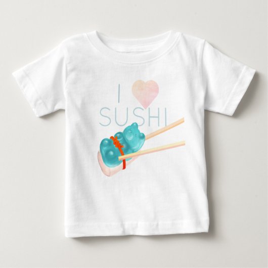 ブルーのグミベア「I Love Sushi」ベビーTシャツ ベビーTシャツ (正面)