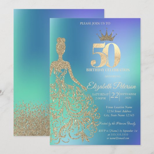 ブルーのグラデーションが輝く50歳の誕生日ギラギラドレス 招待状 (正面/裏面)
