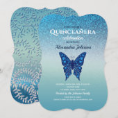 ブルーのグリッター キンセアニエラ バタフライ 招待状 (正面/裏面)