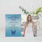 ブルーのグリッター バタフライ キンセアニエラ 招待状 (スタンド正面)