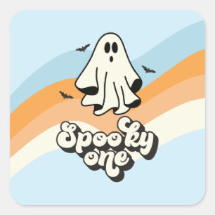 ブルーのグルーヴィーな幽霊のレトロハロウィン スプーキー ワン スクエアシール