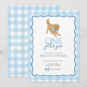 ブルーのゴールデンレトリバー　ゴールデンユーアー　ファーストバースデー 招待状 (正面/裏面)