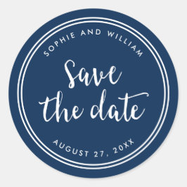 ブルーのスクリプトとホワイトのストライプでSave the Date ラウンドシール