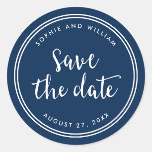 ブルーのスクリプトとホワイトのストライプでSave the Date ラウンドシール