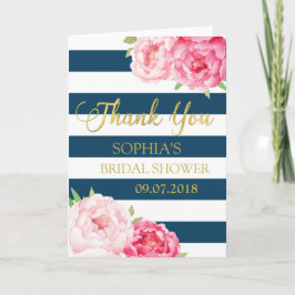 ブルーのストライプとピンクの花のウェディングシャワーのお礼 サンキューカード