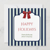 ブルーのストライプと赤いリボンのカスタムコーポレートグリーティング シーズンカード (正面)