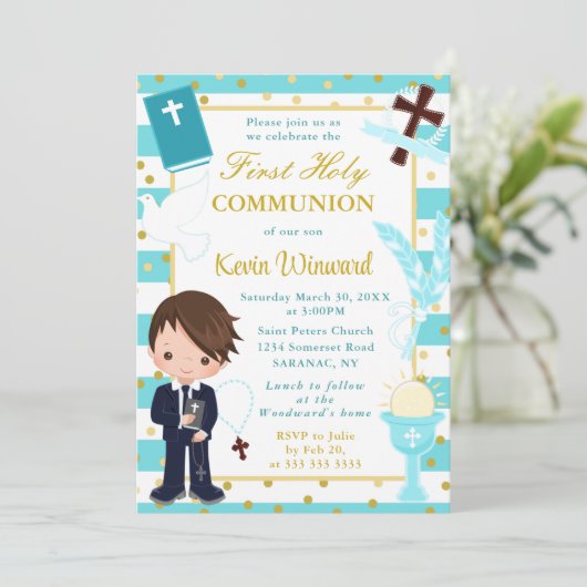 ブルーのストライプ髪の茶色の男の子の最初の神聖な聖餐式 招待状 (スタンド正面)