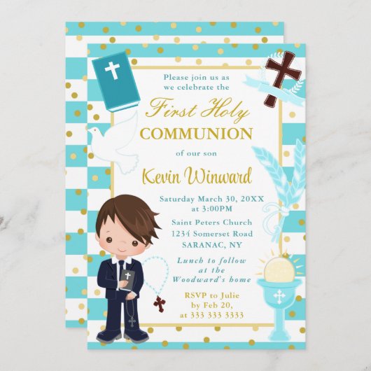 ブルーのストライプ髪の茶色の男の子の最初の神聖な聖餐式 招待状 (正面/裏面)