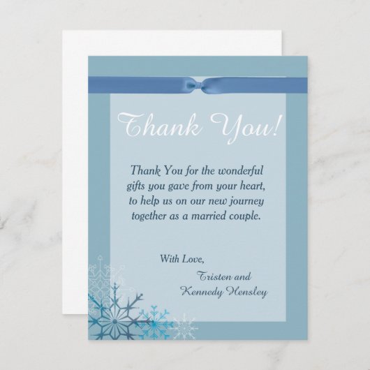 ブルーのスノーフレーク 4x5 フラット ウェディング サンクス カード (正面/裏面)