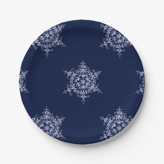 ブルーのスノーフレーパターン(の模様が)あるク(中)サイズの紙プレート ペーパープレート (正面)