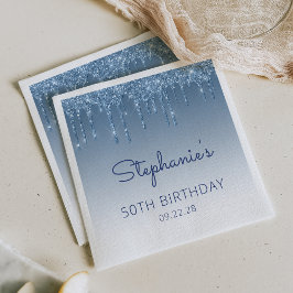 ブルーのスパークリング グリッター グラム 50歳の誕生日パーティー スタンダードカクテルナプキン