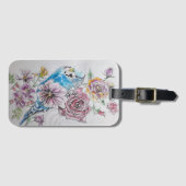 ブルーのセキセイインコと赤いバラの花の水彩エッチングスリッパケース ラゲッジタグ (正面横)