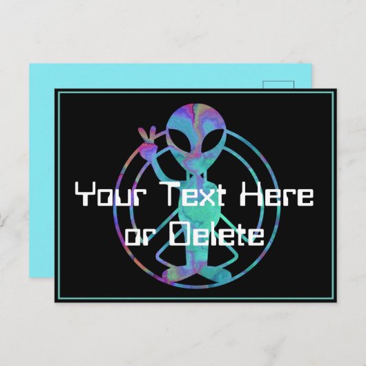 ブルーのタイダイ・エイリアン・ピースサイン・キュート・サイエンスフィクション ポストカード (正面/裏面)