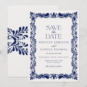 ブルーのタラベラ・タイル スペインのフィエスタ　セーブ・ザ・デート 招待状 (正面/裏面)