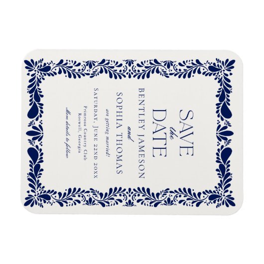 ブルーのタラベラ・タイル スペインのフィエスタ Save the Date マグネット (横)
