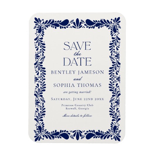 ブルーのタラベラ・タイル スペインのフィエスタ Save the Date マグネット (縦)