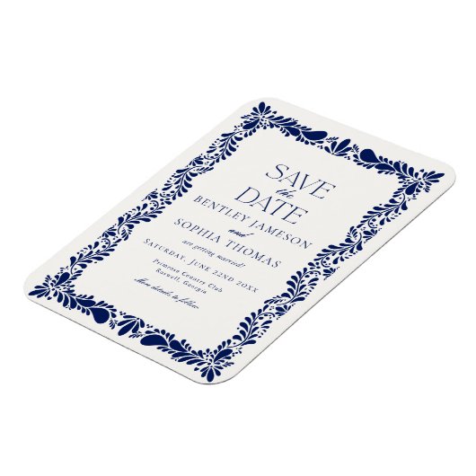 ブルーのタラベラ・タイル スペインのフィエスタ Save the Date マグネット (左側)