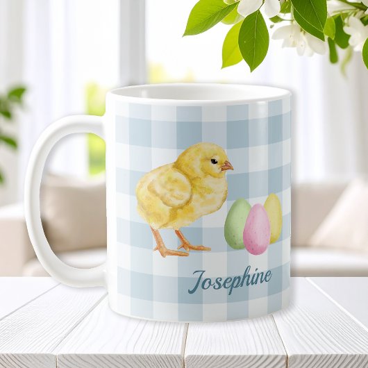 ブルーのチェック柄のひよこと卵の水彩画 名前入り コーヒーマグカップ